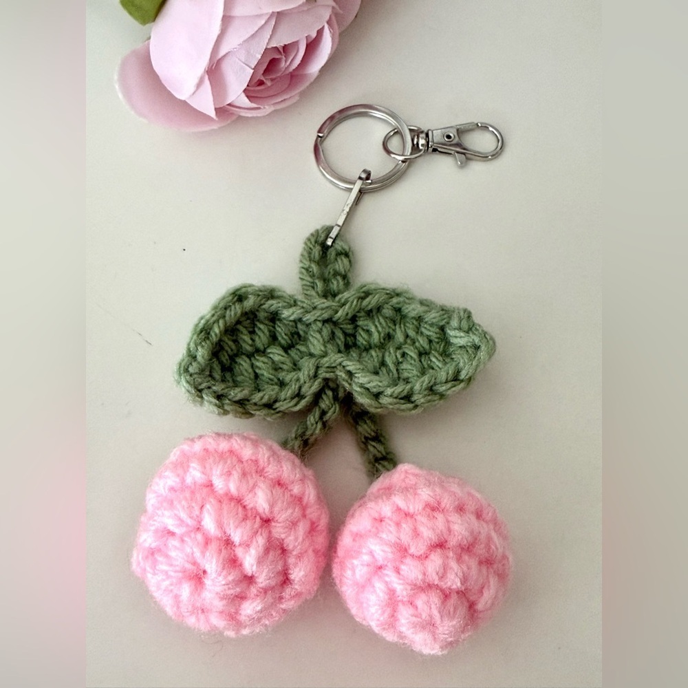 Handmade Crochet Cherry Keychain – Cute Pink Amigurumi Bag Charm - Picture 6 of 7